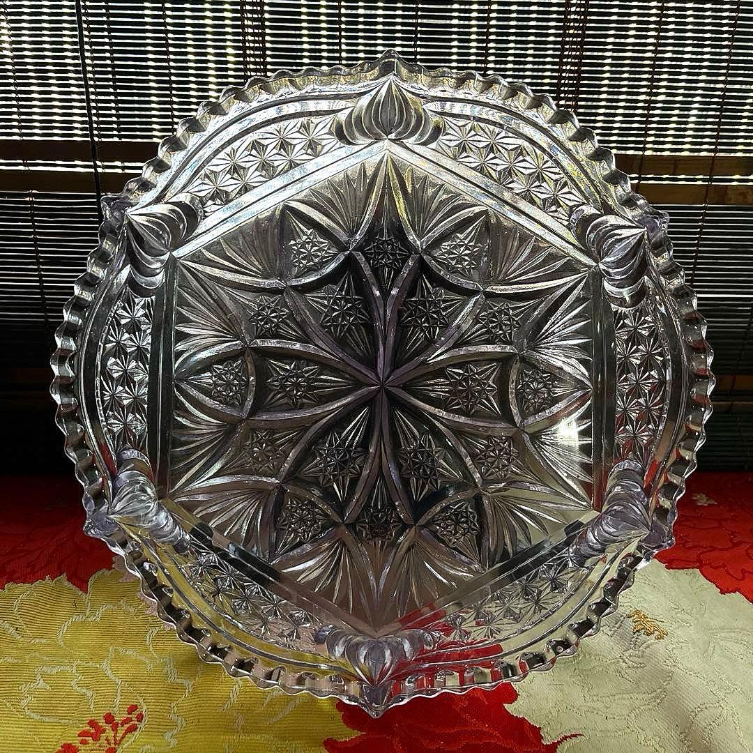 骨董　時代ガラス　プレスガラス　希少　淡紫色　クリスタルカット　菓子鉢　大鉢
