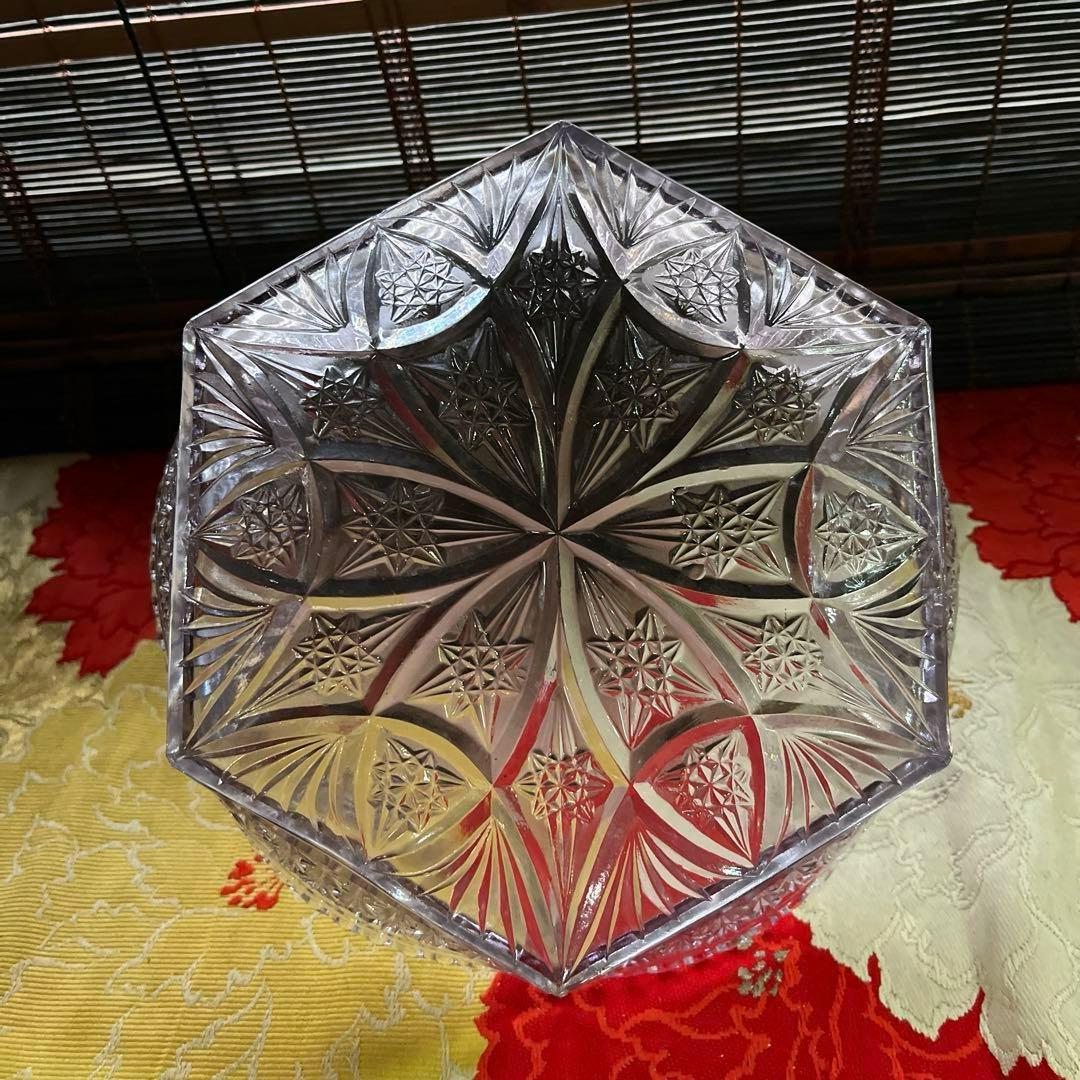 骨董　時代ガラス　プレスガラス　希少　淡紫色　クリスタルカット　菓子鉢　大鉢