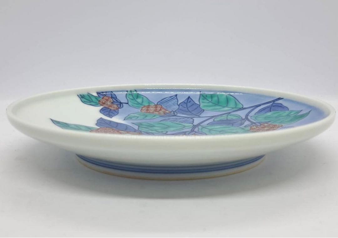 人間国宝 十四代 今泉今右衛門 (本人作) 色絵藍色墨はじき草花文額皿 共箱