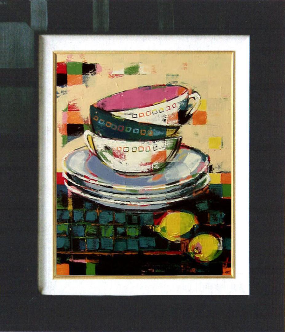 油絵菅家令子絵 絵画インテリア額付(白)uF6-060203 静物 カップレモン