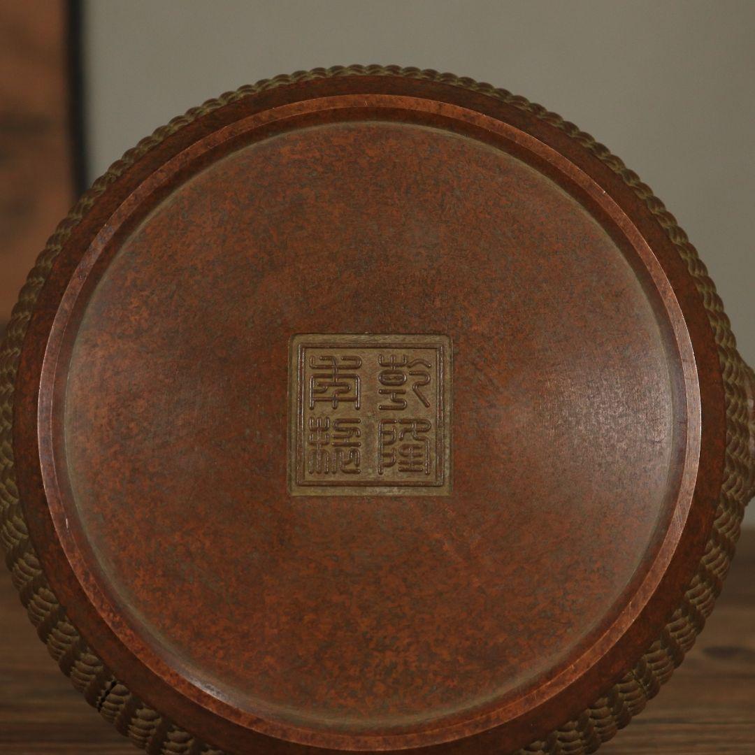 銅製 香炉 双獅耳竹編み模様蓋薫香炉 檀香炉 香道具 装飾品 工芸品 置物