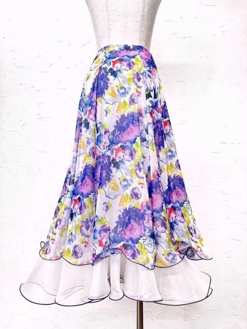 【花柄】新品 社交ダンス用裾オーガンジー 　ロングフレアスカート淡パープルｐ27