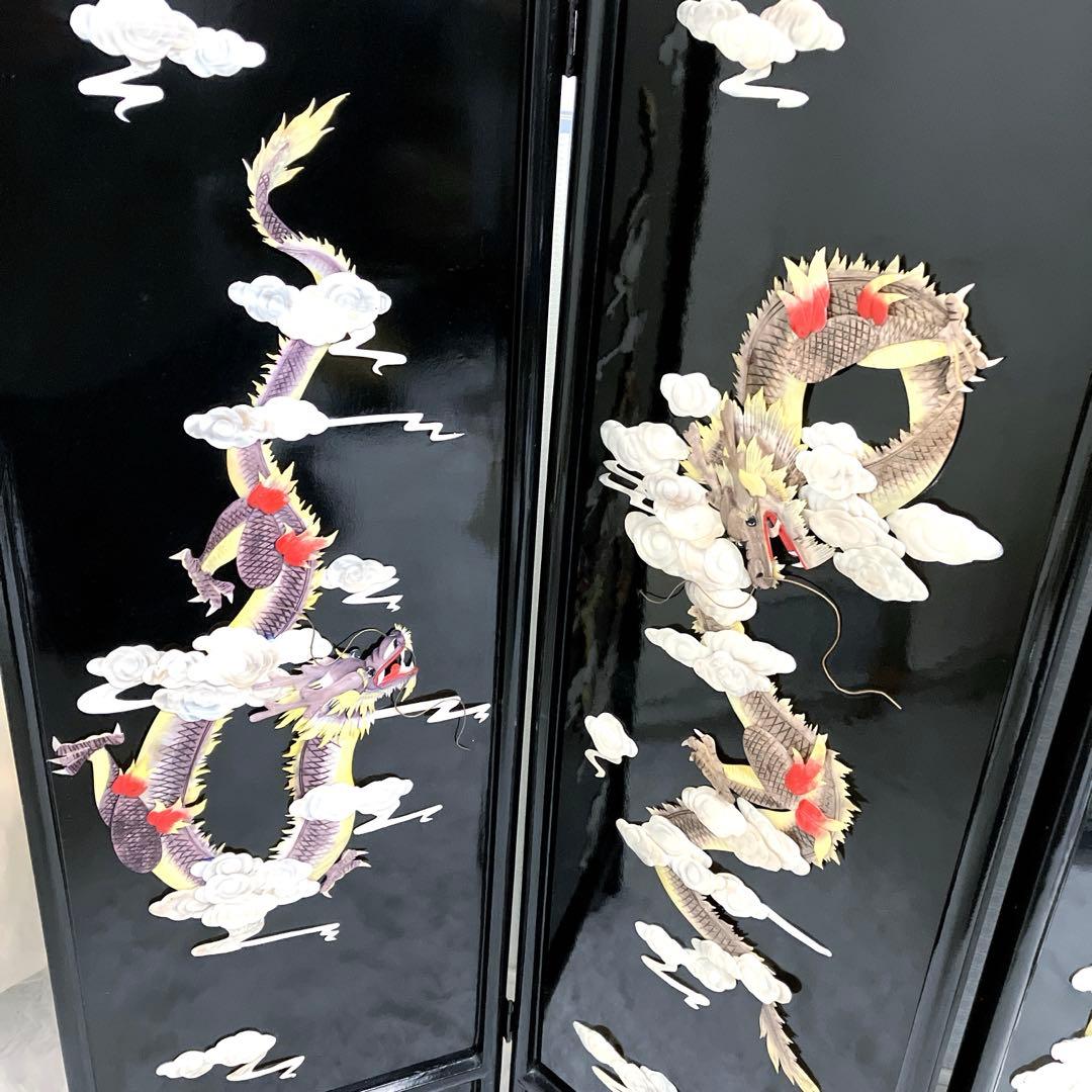 中国骨董　螺鈿細工　屏風　四龍　4連屏風　パーテーション