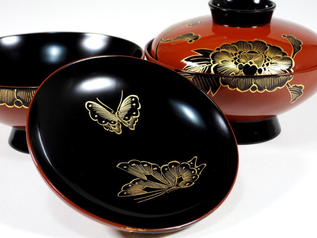 輪島塗　懐石椀汁椀　蒔絵椀　上質朱漆　牡丹沈金 蓋碗十客 共箱