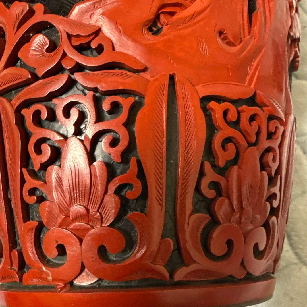 中国美術 大花瓶 堆朱 堆黑 花鳥 唐木台 紫檀 花梨 一輪挿し美品