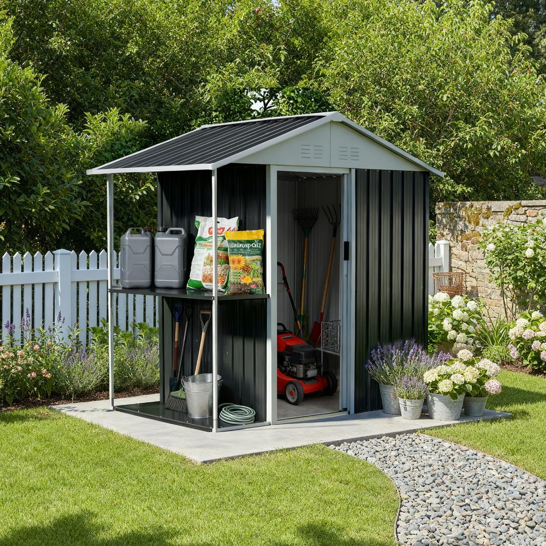 【収納ラック付き】戸外収納庫　防水・防錆　スチール物置　BLACK