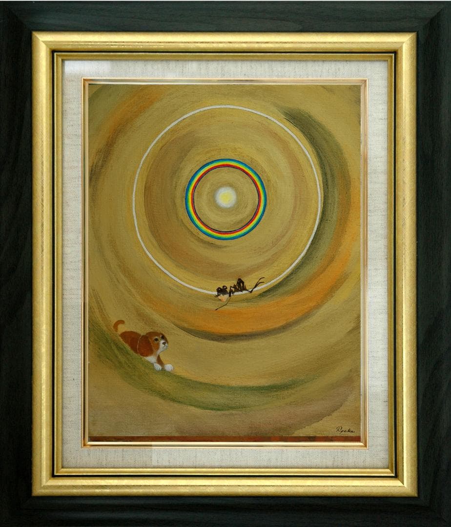 油絵 菅家令子 絵 絵画インテリア額付(白)F6-070119 祈り希望子犬女子