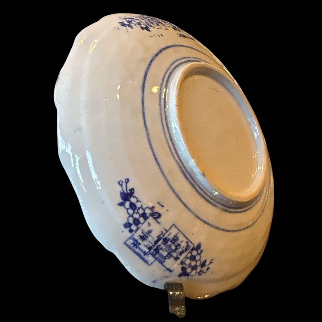 伊万里 アンティーク 染付 印判 中皿 輪花皿 貴人図 柳樹 鶴丸 見返し唐草