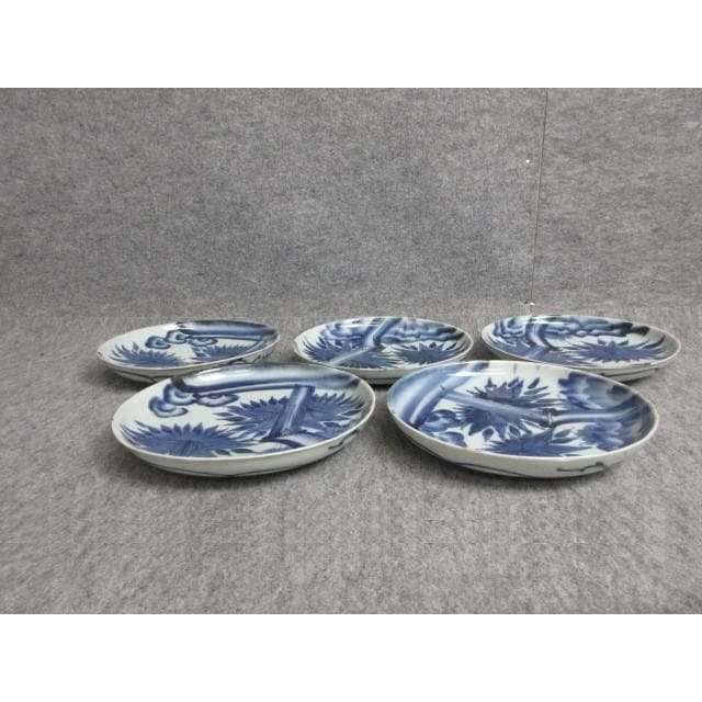 古伊万里染付竹笹に梅図中皿5枚 [B28150]
