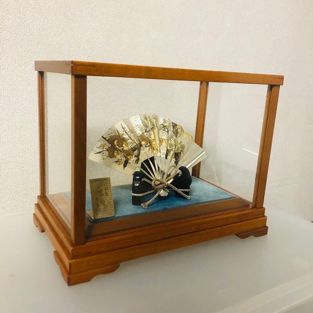 E26骨董品✨ 武比古作 純銀製 扇飾り 木製ガラスケース 置物 縁起物