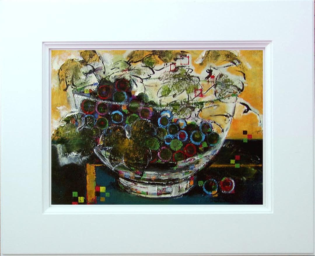 油絵 菅家令子絵 絵画インテリア額付(青緑＋金色の枠) uF6-061203果物
