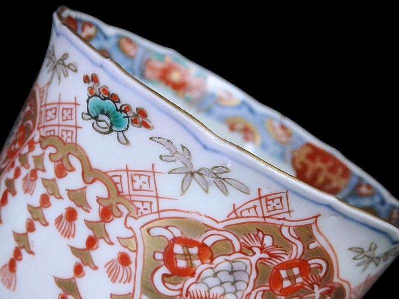 古伊万里　瓔珞紋に松竹梅　獅子に青海波の図　向付　３客　E766AS-fbtr