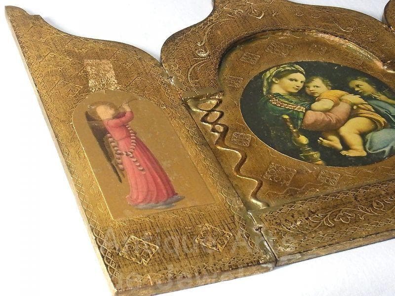 イタリア アンティーク ラファエロ・サンティ『小椅子の聖母』３枚続きの祭壇画