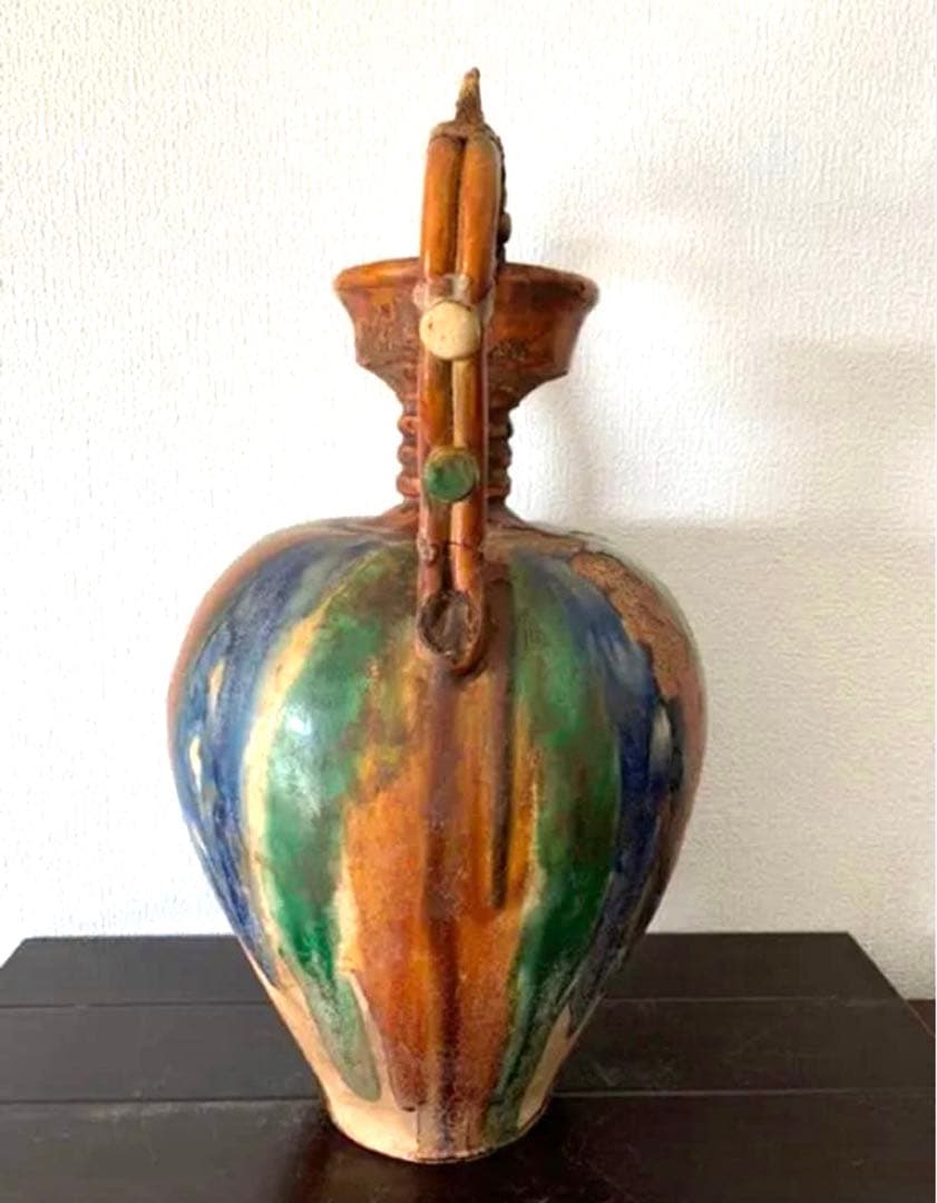 中国古美術 唐時代 贵妃双龍頭三彩瓶 時代物 Y04三彩双龍耳花