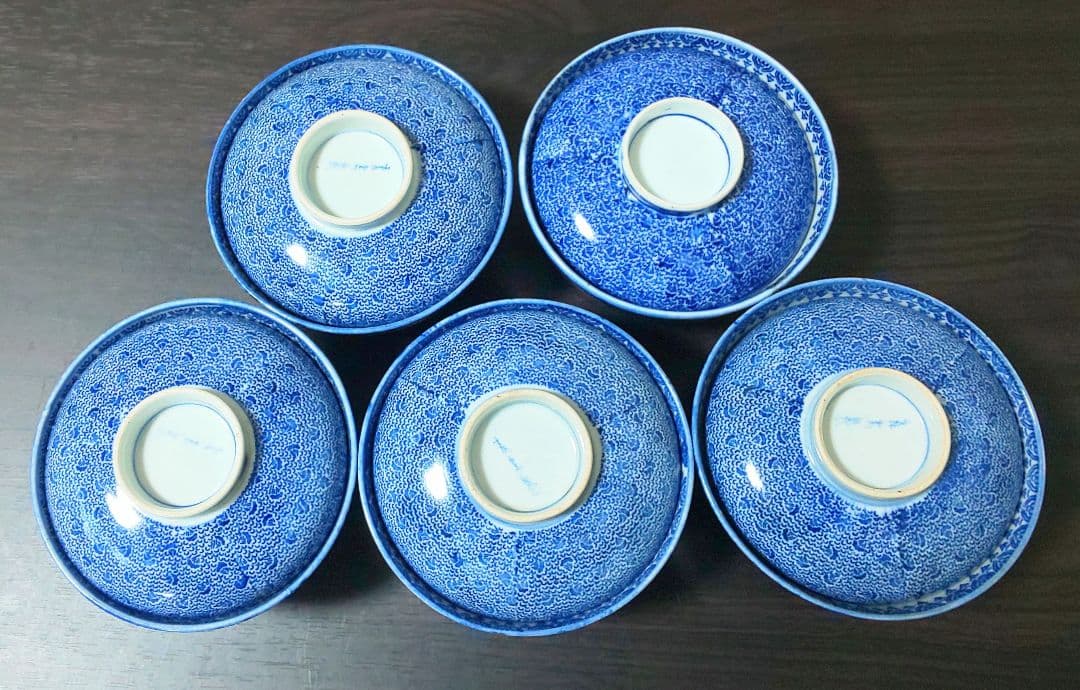 伊万里焼 明治時代 染付 微塵唐草 松竹梅 蓋付茶碗 ５客セット