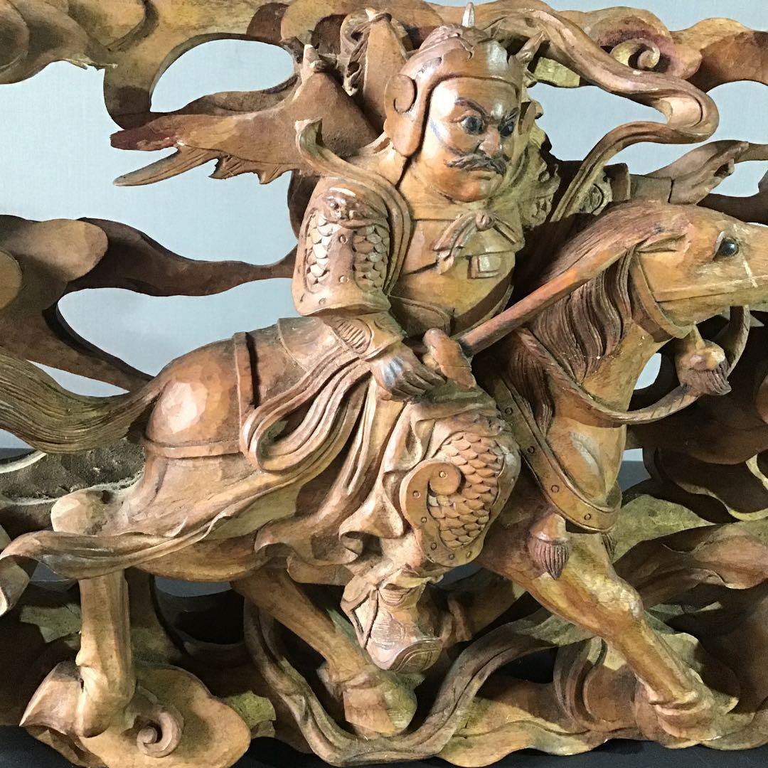 欅厚板　「劉備玄徳騎馬像」和彫　民藝