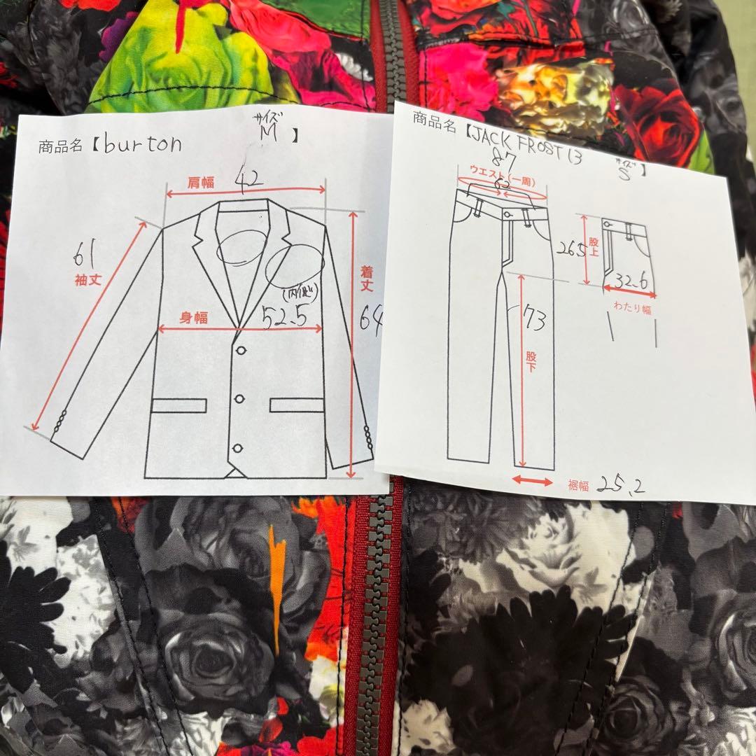 burton スノーボードウェア セットアップ レッド ネイビー M Sバラ柄