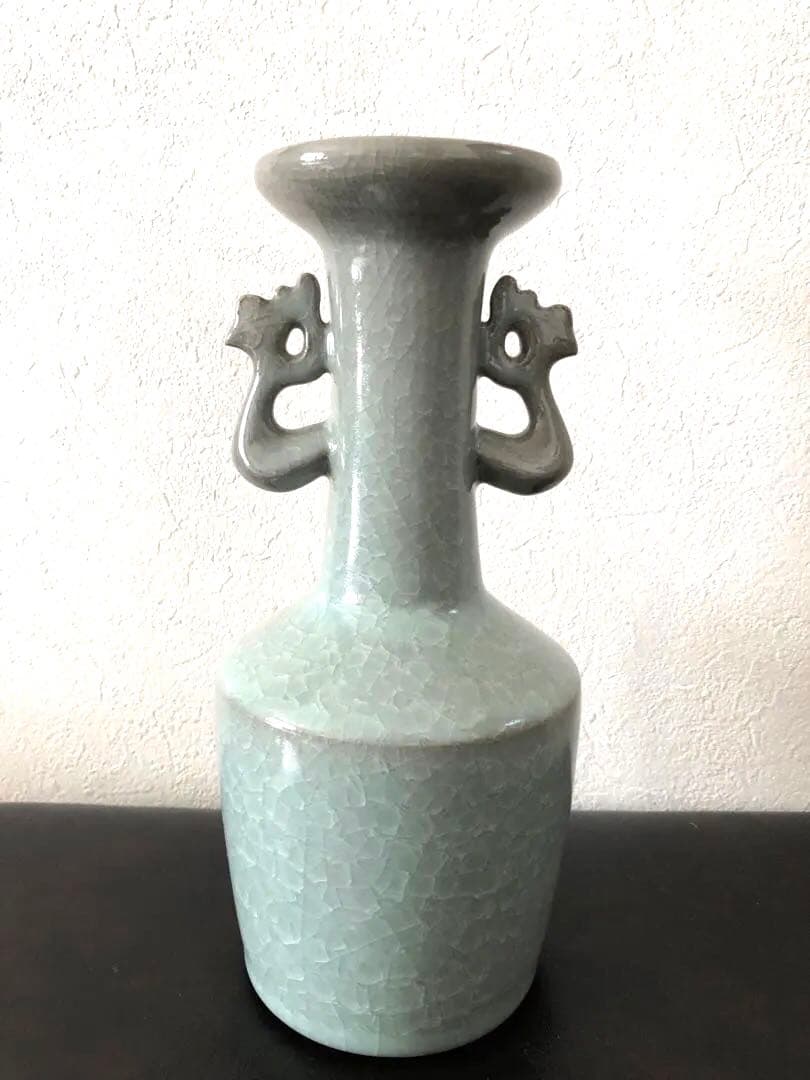 【未使用】軌窯　久田重義 作　青瓷鳳凰耳花生　希少　常滑焼　花入　花瓶