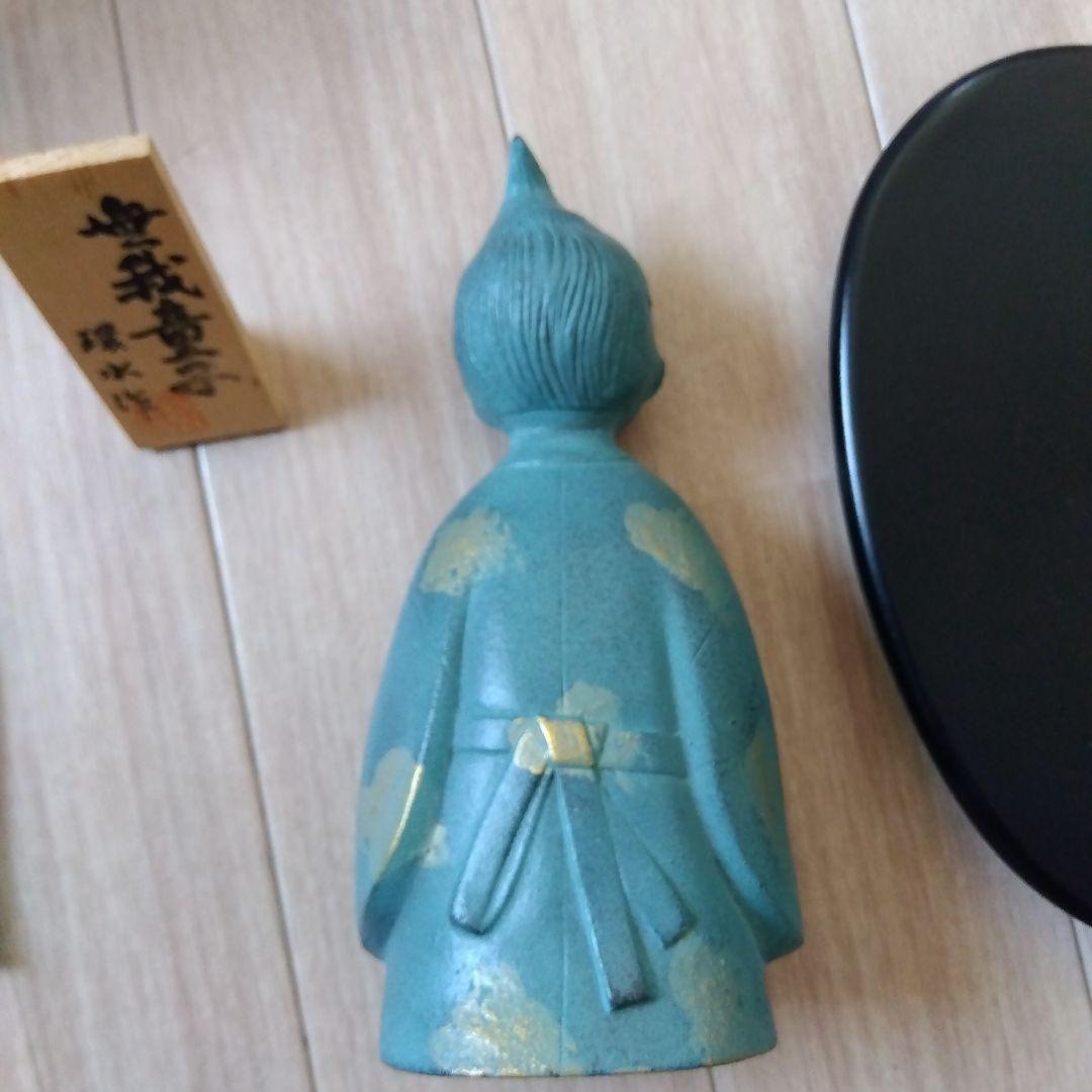 環水作　無我童子 銅像 青緑色 台座付き