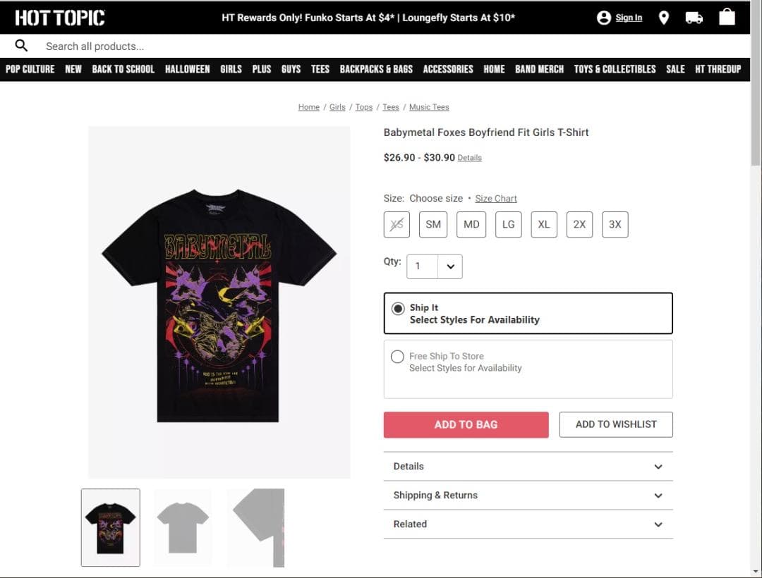 BABYLFoxesGirlsT-ShirtJXLサイズHOTTOPIC