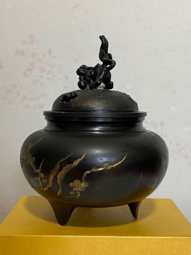 ♦獅子飾り 三足香炉 ？高岡銅器 銅製 唐金 香道具 置物 飾り 骨董品