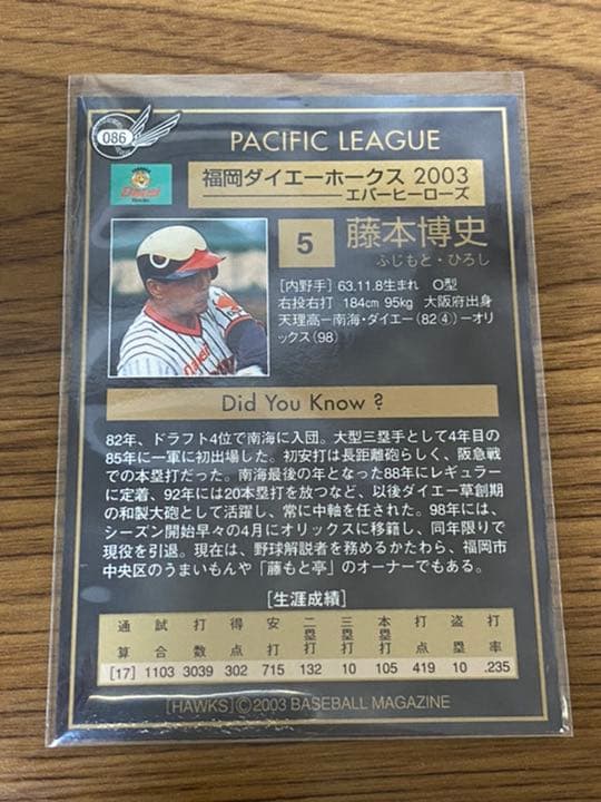 藤本博史 氏 直筆サインカード プロ野球・福岡ダイエーホークス