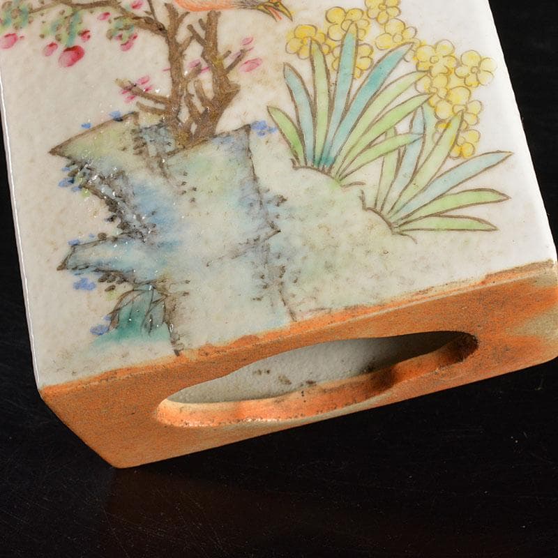 中国　粉砕　漢詩花鳥文　香炉　陶枕　C　6703E