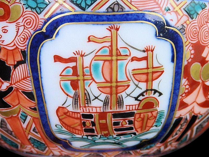 大聖寺伊万里　金襴手　五艘船に南蛮人の図　蓋茶碗　D898AS-CYo