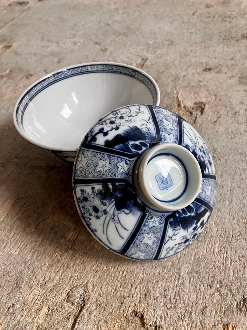 ✅古伊万里✅蓋付き椀18客/染付山水画/骨董/磁器