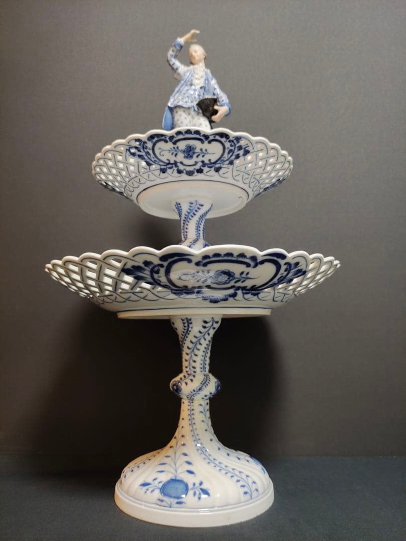 時代 マイセン ブルーオニオン 磁器 2段コンポート 飾り インテリア 修理あり