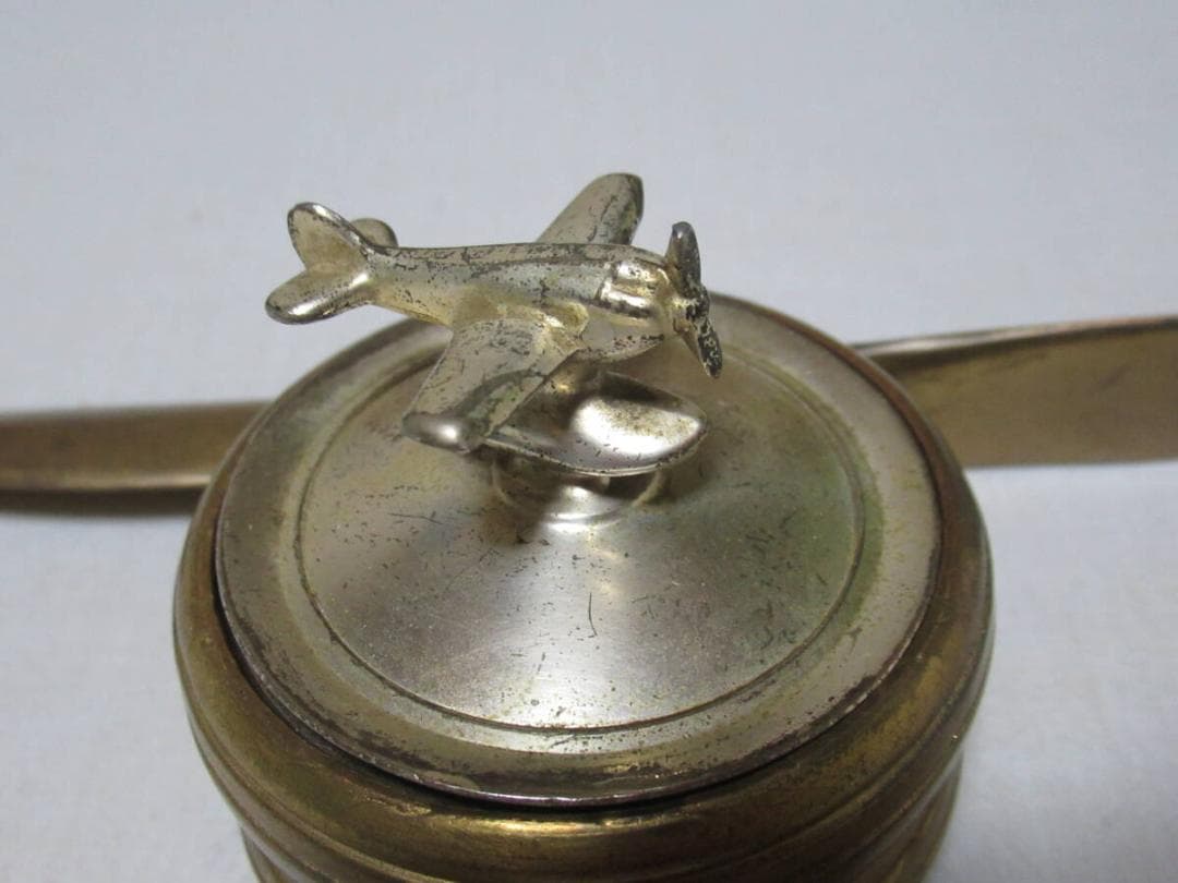 希少 昭和初期◆真鍮製 戦闘機プロペラ型 インク壺/インクスタンド フタは戦闘機