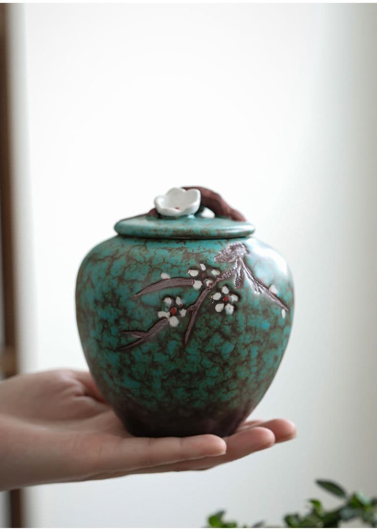 窯変手描き梅の花茶壺 陶器密封壺防潮貯蔵壺 装飾品 工芸品 置物