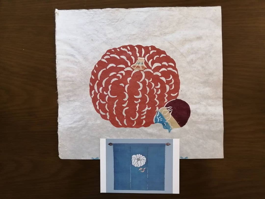 芹沢銈介・作　型絵染3点（風景画、野菜、植物）　銀座たくみのタトウ、絵ハガキ付き