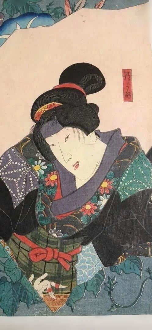 浮世絵版画、花揃の内（當時の花)二枚綴り、三代歌川豊国、安政2年7月出版