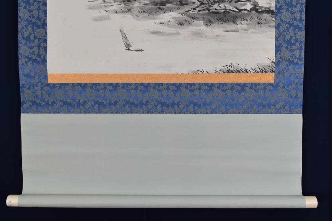 【真作】豊島米圃/山景帆舟図/山水帆舟図/横物/掛軸☆宝船☆AA-968