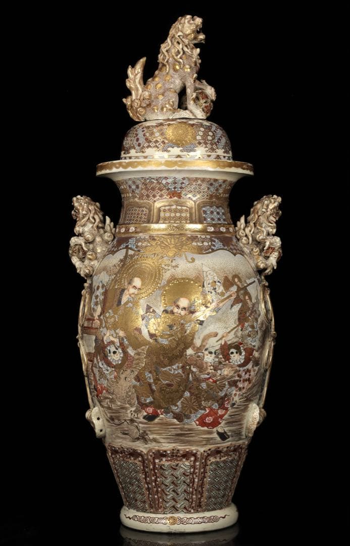 【極上薩摩焼】特大金襴手色絵賢人図獅子摘蓋獅 香炉 飾壺 時代骨董 古美術アート