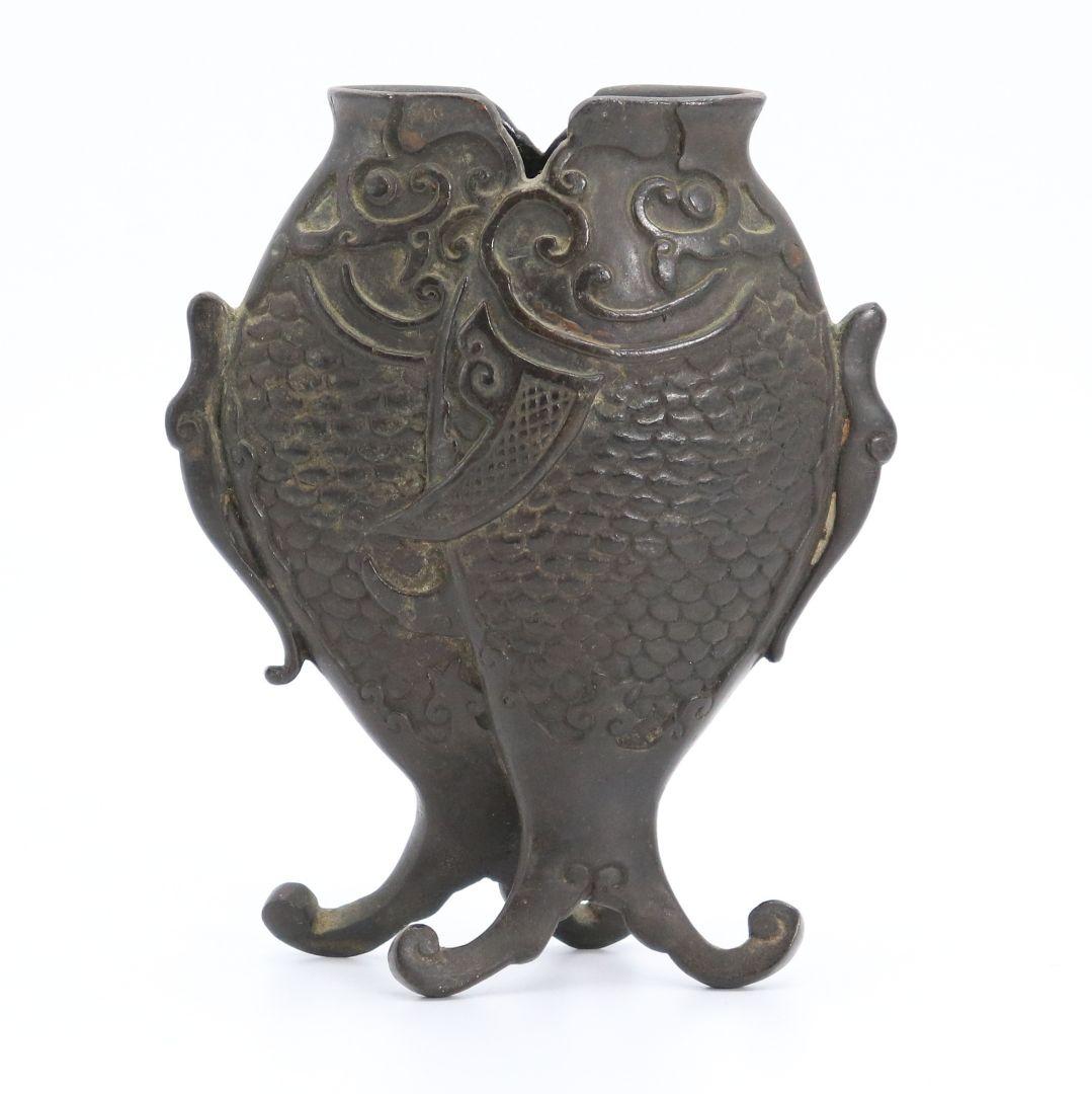 中国 古銅製 双魚花入 花器 花生 魚文 銅器　N64