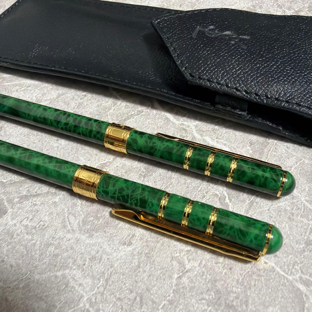 【希少】イヴサンローラン 筆記具セット マーブルグリーン 金彩 ケース付 レア