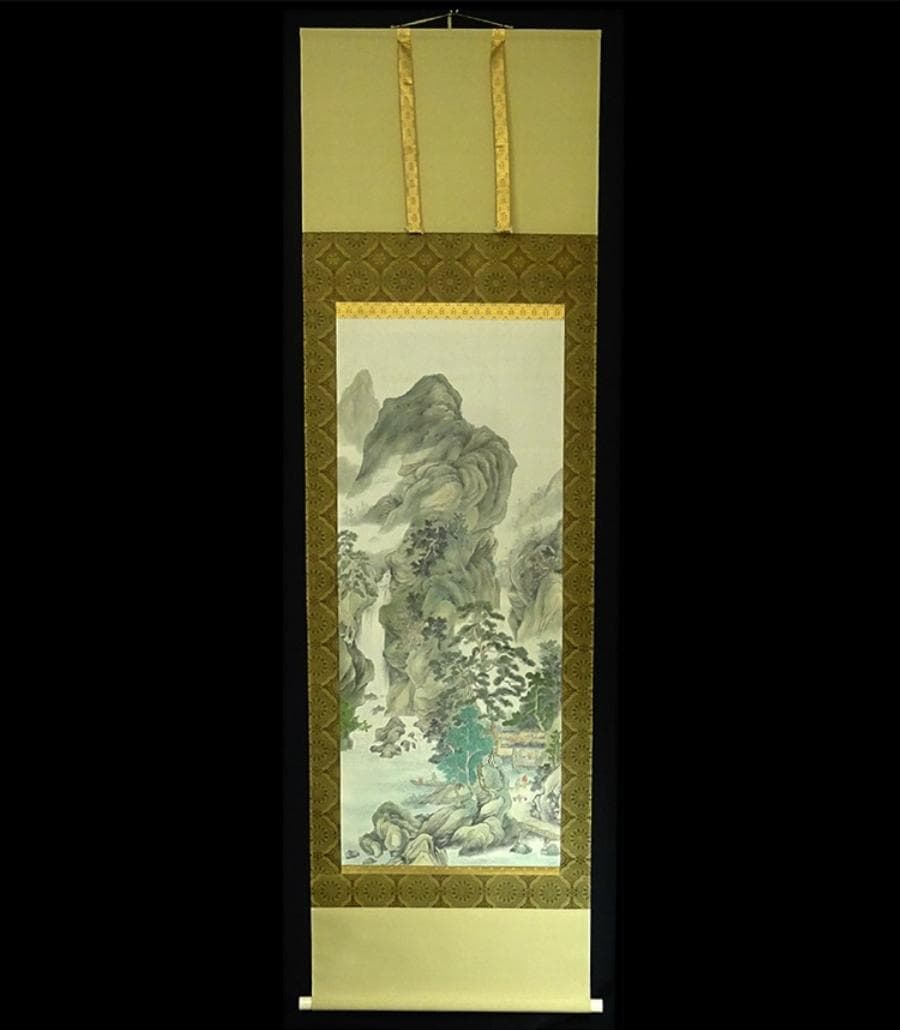 【真作】掛軸 佐藤眉山『山水図』日本画 絹本 肉筆 共箱付 掛け軸 w07233