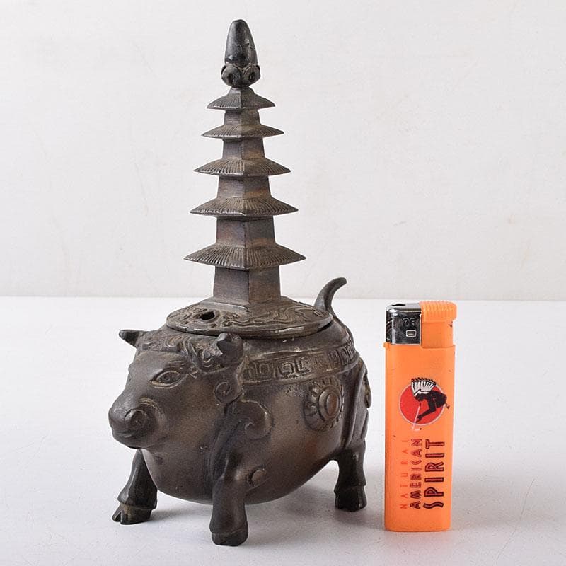 中国　古銅　唐銅　神獣五重塔　香炉　M　R8731