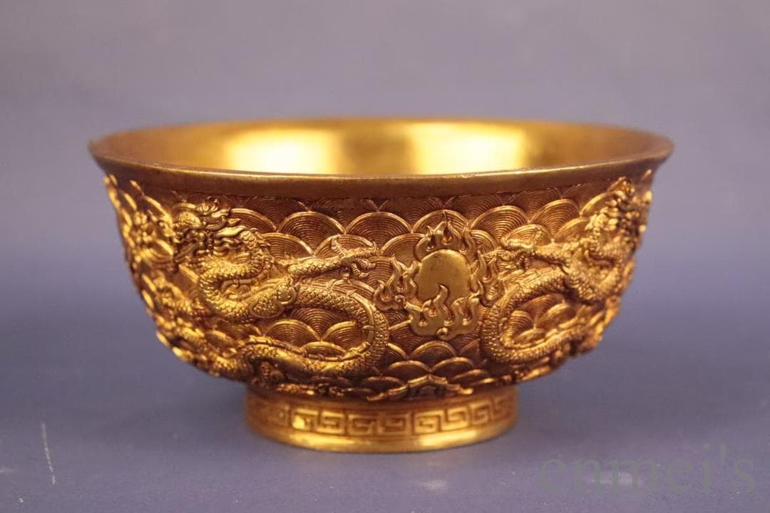 中国古美術 旧蔵 清代 鍍金銅蟠龍碗 双龍戲珠 鏨刻酒碗 茶碗 精銅製 古美味
