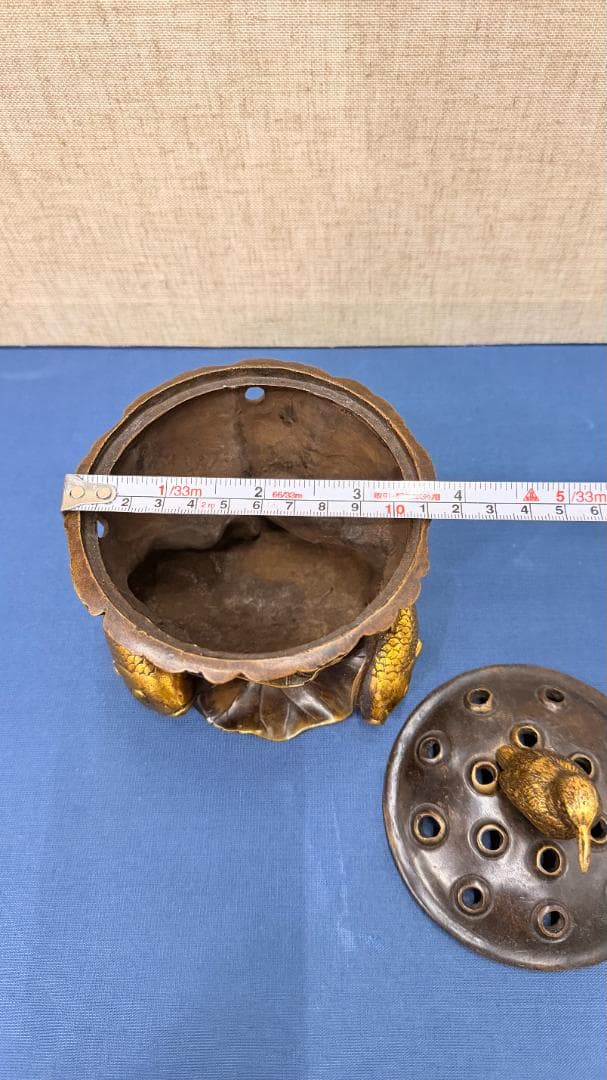 双魚蓮葉香炉｜鳥摘み蓋｜金彩古風｜香道具・置物