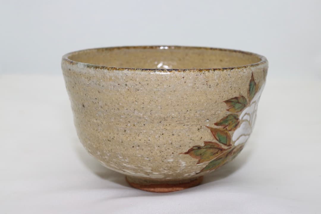 京焼 中村良二 灰釉 牡丹絵 茶碗 茶道具 共箱 共布