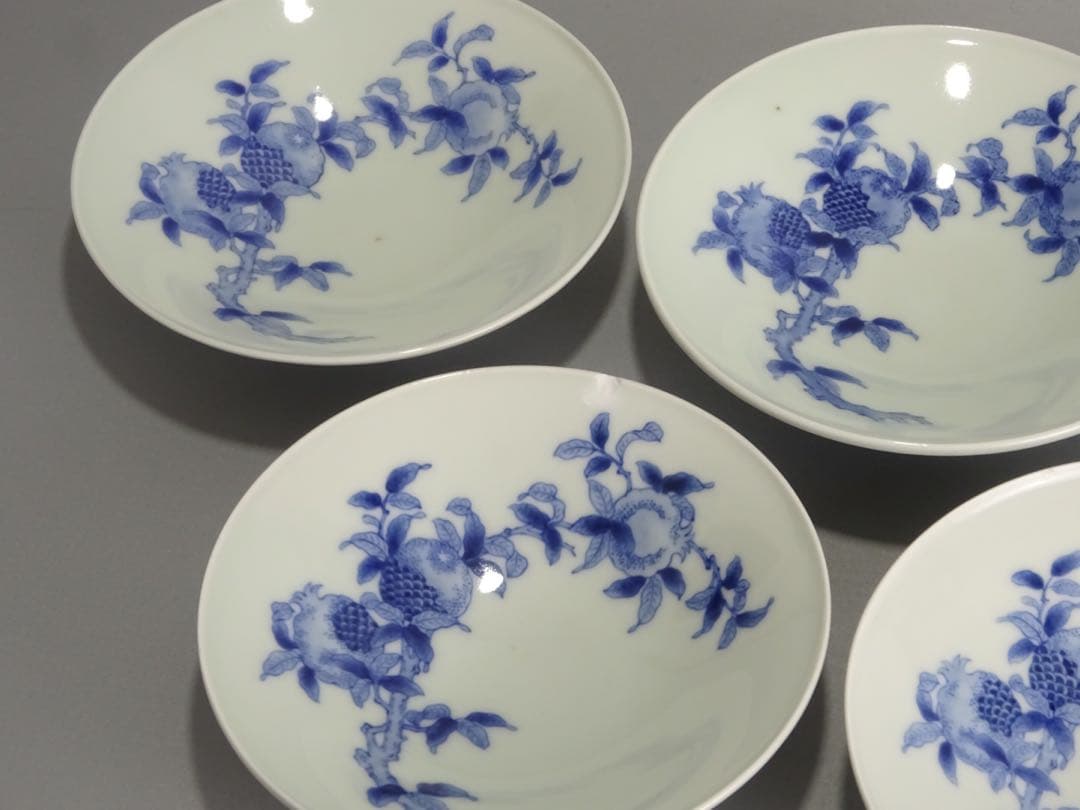 名工　十一代　今泉今右衛門　秀逸作　染付　柘榴文　鉢　5客　銘々皿　取皿　向付