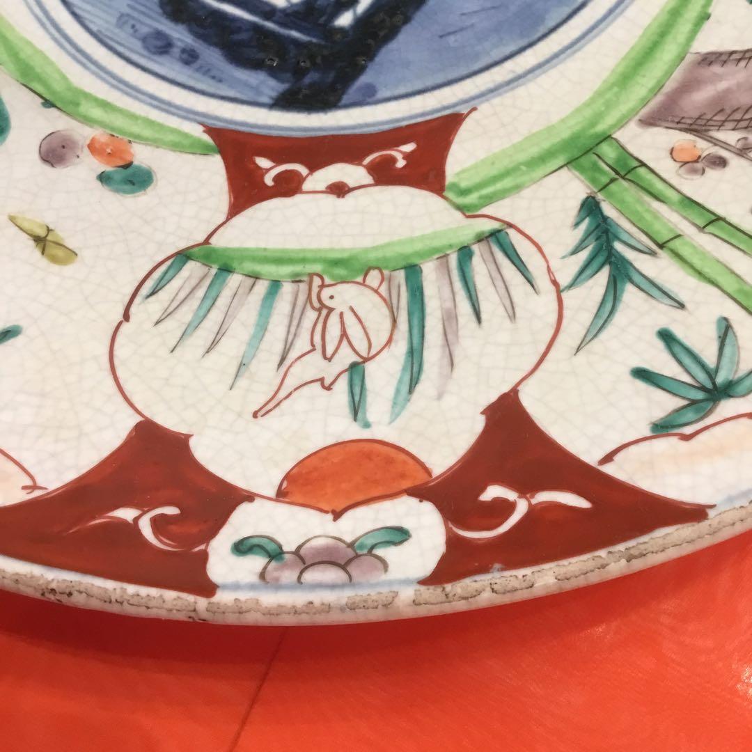 風景画と花模様の茶碗　アンティーク古い　大皿　飾り皿　約39センチ