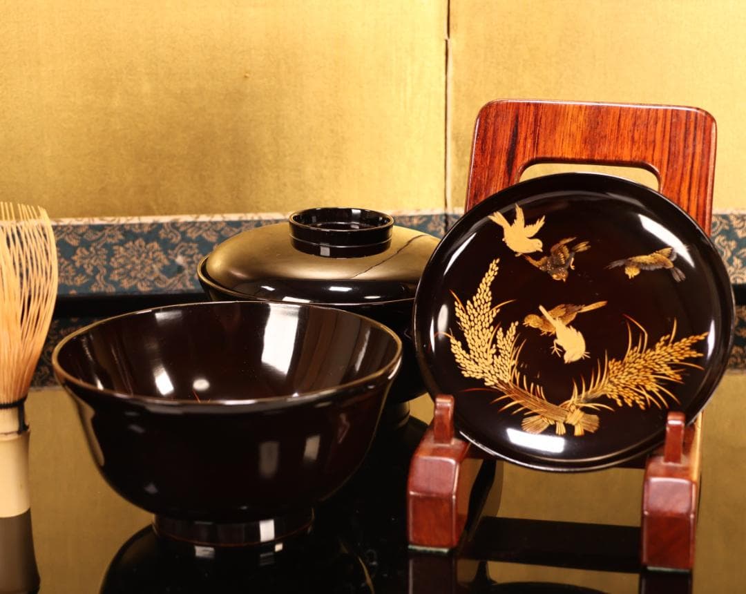 BK408　時代輪島塗　稲穂雀図金蒔絵　吸物椀　二客　木製　茶道具 懐石 会席