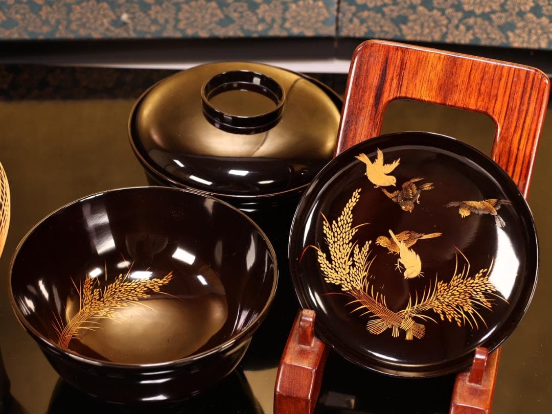 BK408　時代輪島塗　稲穂雀図金蒔絵　吸物椀　二客　木製　茶道具 懐石 会席