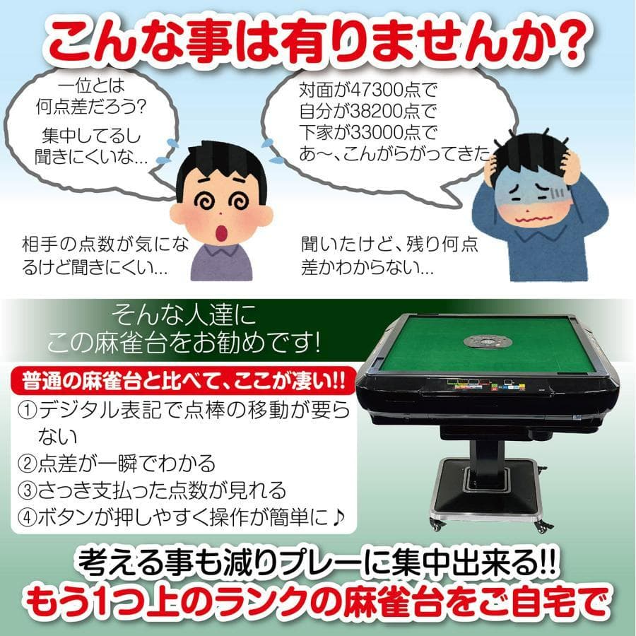 全自動 麻雀卓 デジタル表記 ガラス製脚 折りたたみ式 家庭用（ブラック）