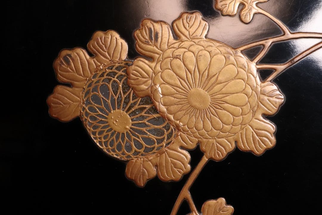 時代 光琳蒔絵 脇取盆 二枚 螺鈿 菊 金銀蒔絵 長方盆 広蓋 黒塗 MA404