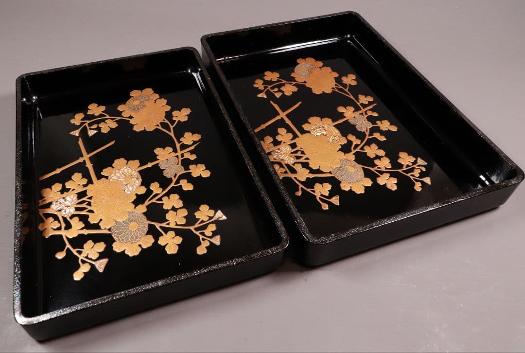 時代 光琳蒔絵 脇取盆 二枚 螺鈿 菊 金銀蒔絵 長方盆 広蓋 黒塗 MA404